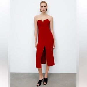 Red midi dress with pearl straps